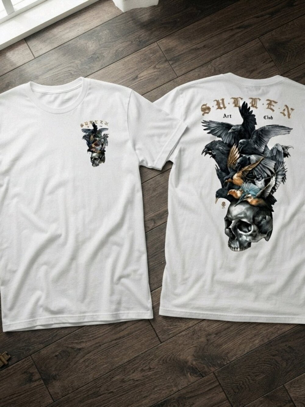 Sullen Art Club White Graphic T-Shirt Birds Skull Black Print Tee